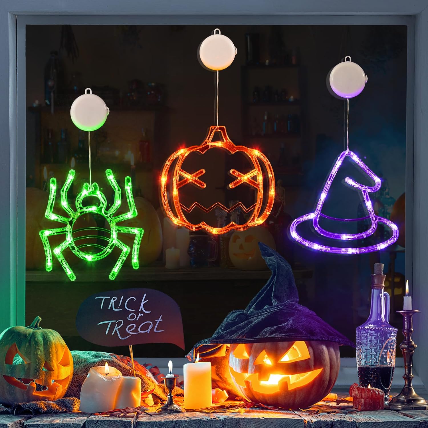 LOLStar Halloween Window Decorations 3 Pack Orange Pumpkin Green Spider Purple Witch Hat Battery Operated Window Lights with Suction Cup Slow Fade Timer Function Halloween Indoor Lights for Windows